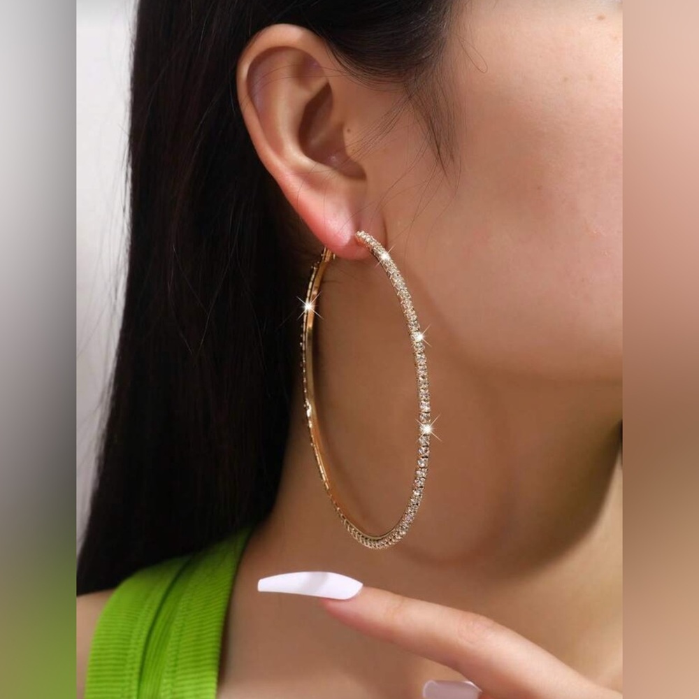Gold Rhinestone Hoop Earrings Large Statement Hoop - Picture 2 of 2